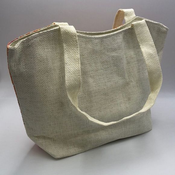 J Francis orange/multicolored woven tote bag with zip top and inside slip pocket - Picture 3 of 6